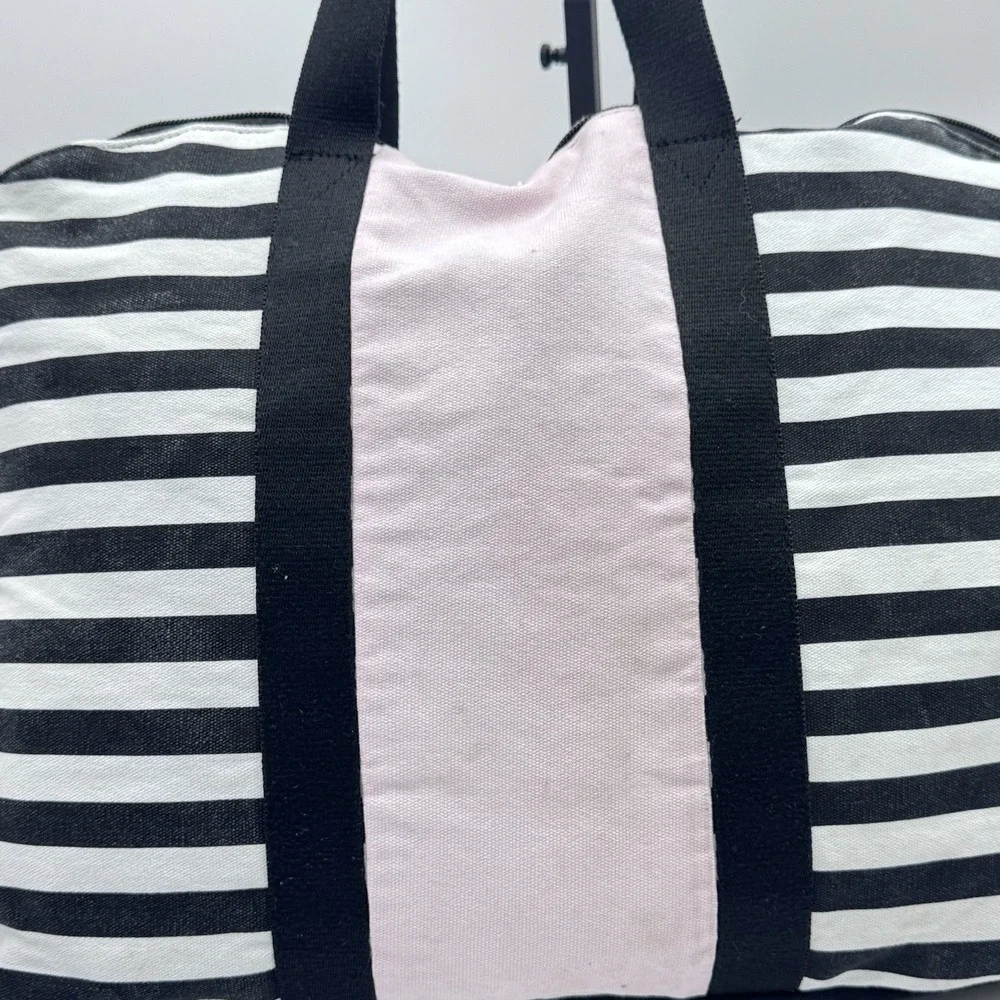 Victorias Secret Overnight Duffle Bag Weekend Tote VS Pink Black Stripe Crossbod